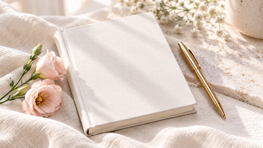 Un carnet et un stylo près de fleurs