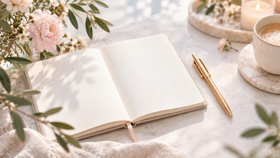 Un carnet ouvert, un stylo doré, des fleurs et une tasse