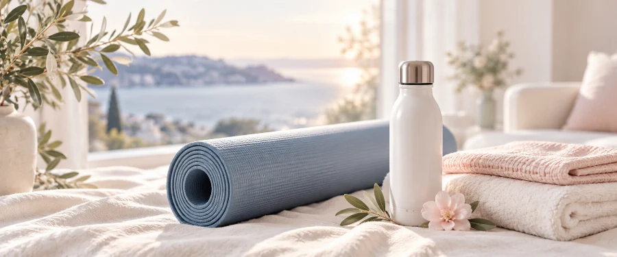 Un tapis de yoga, une gourde et des serviettes