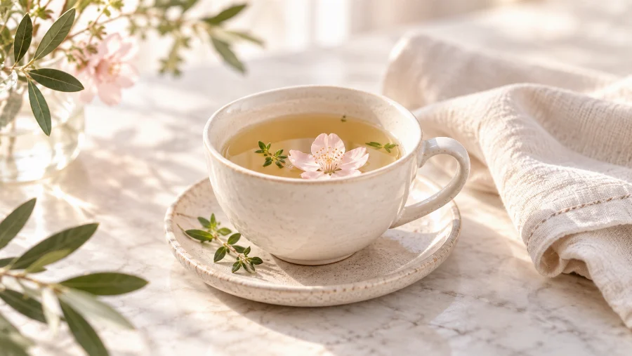 Une tasse de thé accompagnée d’une fleur