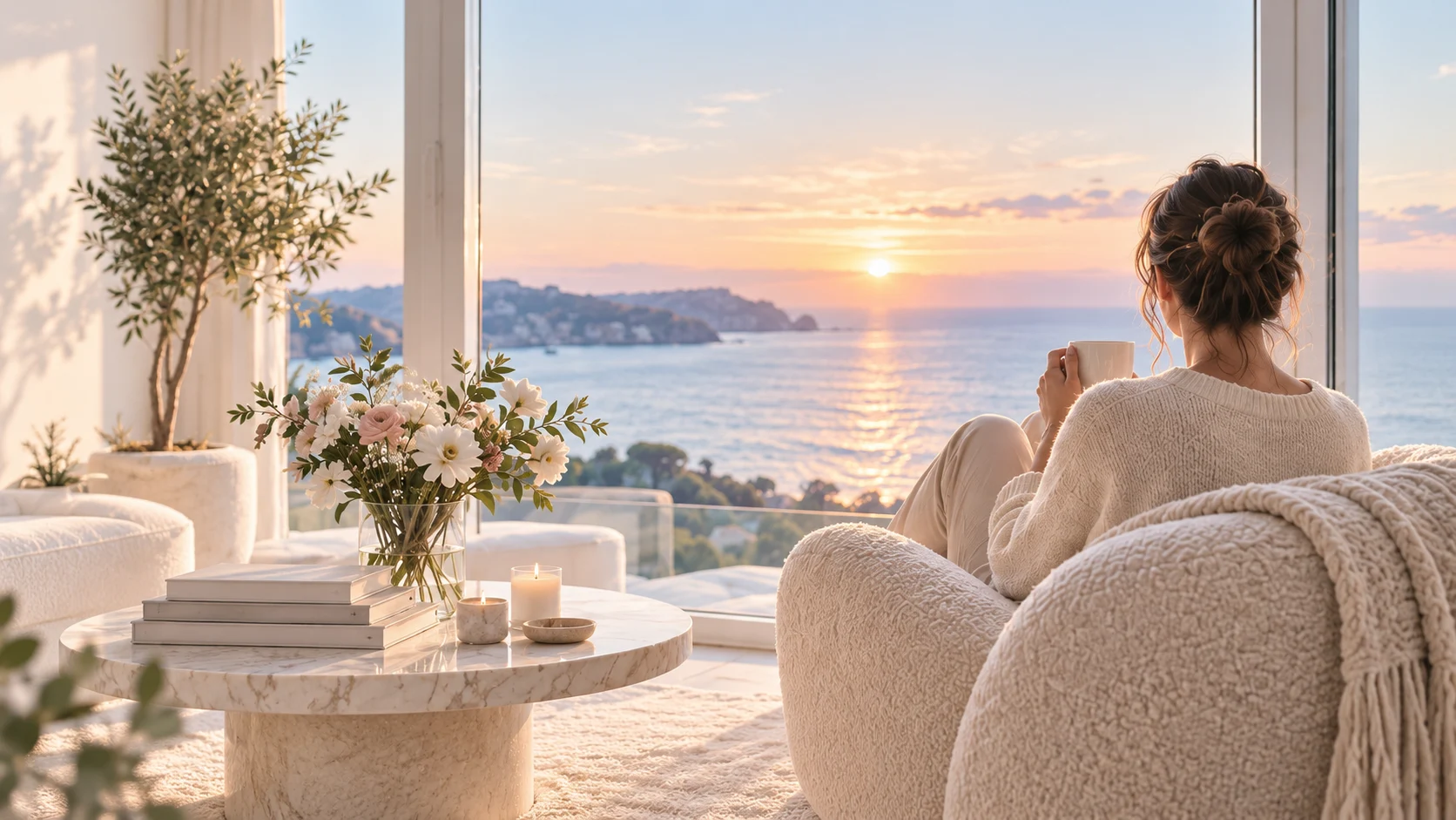 Un salon lumineux ouvert sur la mer, une femme contemple l’horizon